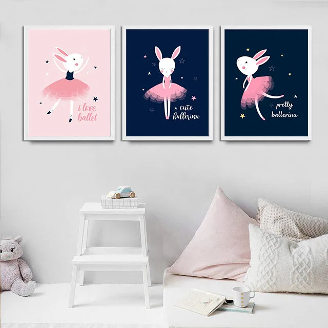 Nordic Lovely Cartoon Home Decor Poster Painting Canvas Cute Rabbit Ballet Dance Picture Art Print Kids Wall | Дом и сад