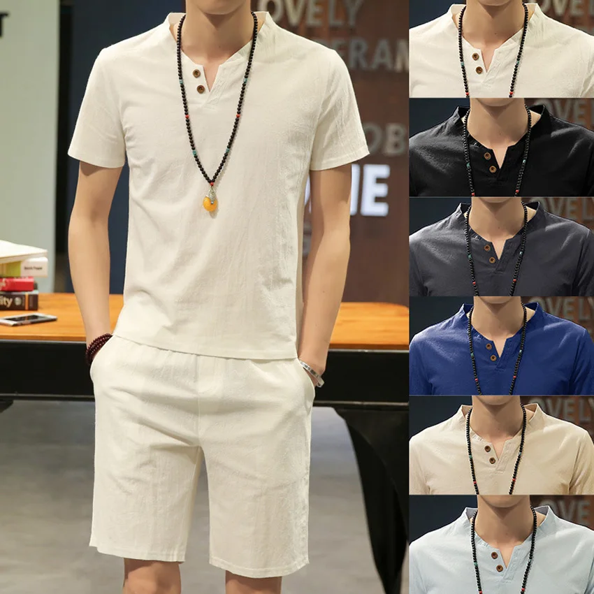 Chinese Style Summer Men Linen Tang Suit Short Sleeve V-neck T-shirt + shorts Clothing Set Breathable Oriental Costumes chinese traditional costume chinese men hanfu top