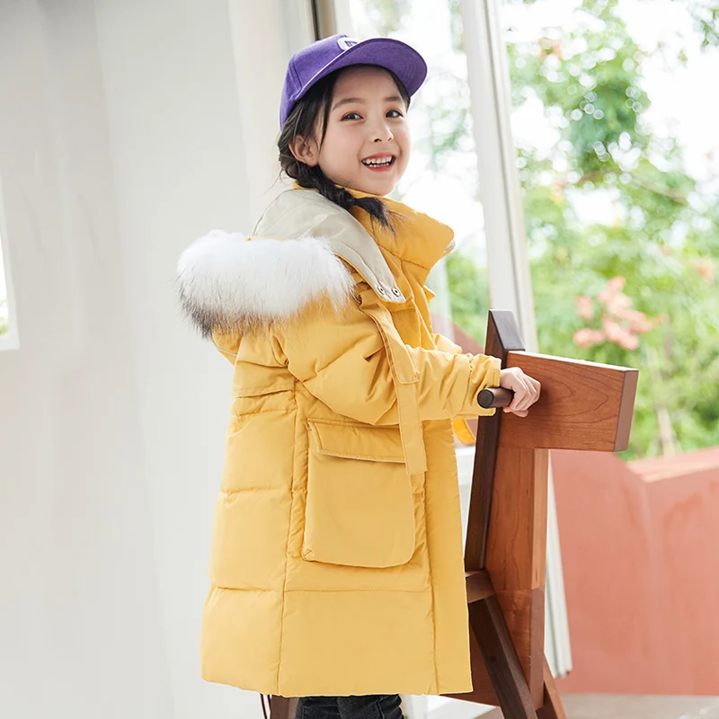 Children's down jacket girls long section hooded coat new Korean version of the thickening girl winter coat kids outerwear - Color: Yellow