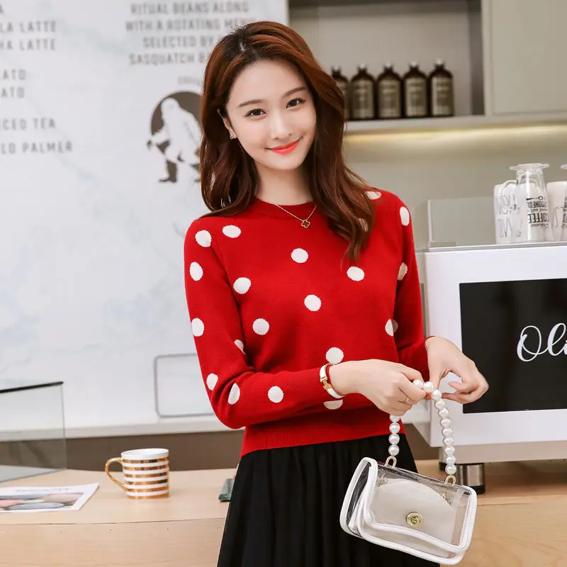 Women's long-sleeved sweater 2019 polka dot bottoming shirt pullover top autumn winter thick loose round neck high waist | Женская