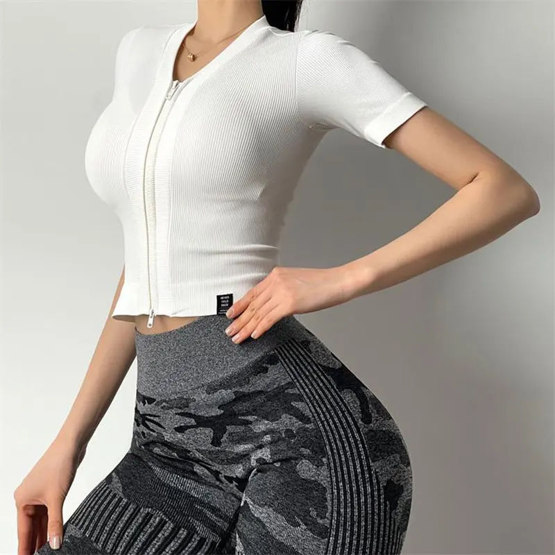 2021 Women's tight-fitting navel-baring sports top with zipper threaded short-sleeved quick-drying running thin yoga T-shirt | Спорт и