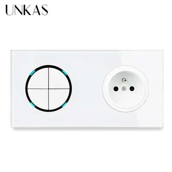 

UNKAS 4 Gang 1 Way / 2 Way + Gray French Standard Socket Grey Crystal Glass Panel 172MM*86MM Wall Power Outlet LED Indicator