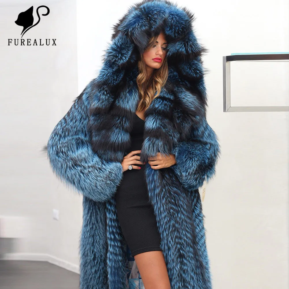 

Furealux Warm Thicken Natural Luxury Silver Fox Fur Coat Long Slim Big Flurry Hooded Real Fox Fur Jackets Genuine Overcoat Women