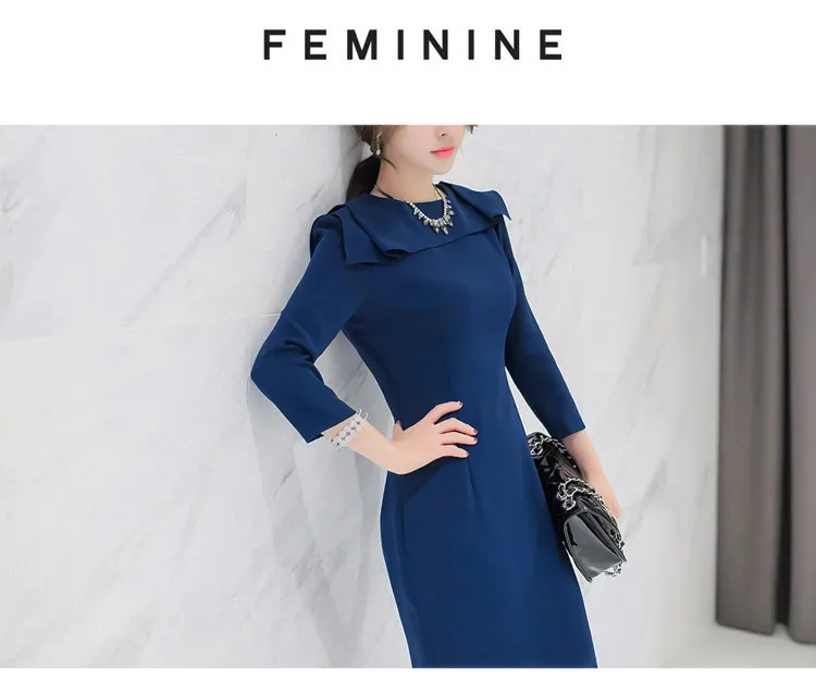 Цельное платье-футляр OL, офисное платье, женское облегающее платье с рукавами три четверти и оборками, женское синее платье миди на осень и зиму, веревка