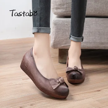 

Tastabo Genuine Leather Handmade Women Shoes Retro Casual shoes Brown Wine red S2510 Asakuchi Driving shoes soft-soled Mom shoes