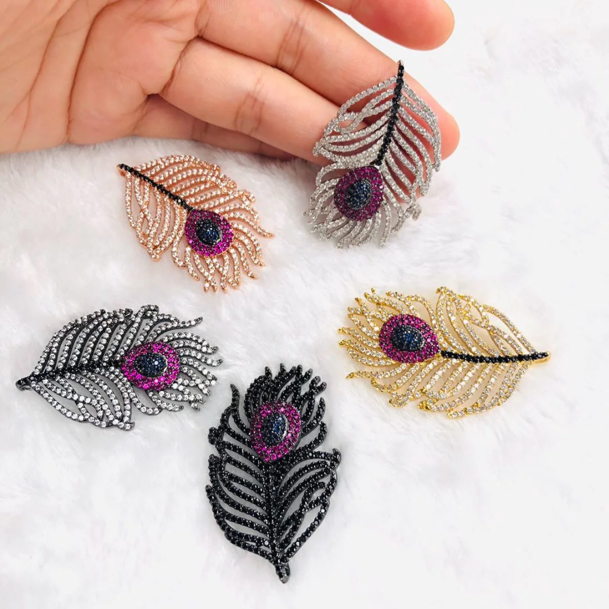 5pcs Colorful Zirconia Pave Peacock Feather Charms Pendant Women Bracelet Necklace Making Handmade Jewelry Accessories Wholesale