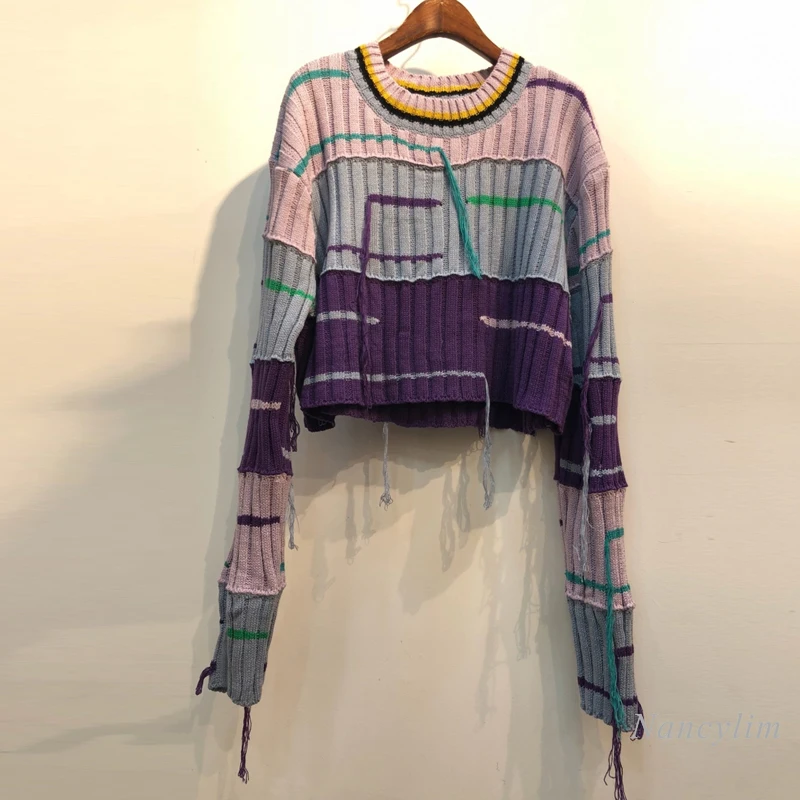 

Cropped Sweater for Women Autumn and Winter Contrasting Color Knitted Sweater Pulls Femme Loose Short Top Girls Lady Knitwear