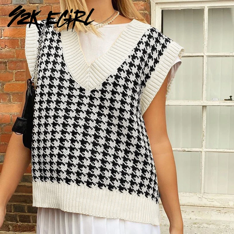 

Y2K EGIEL Aesthetics Houndstooth Graphic Knitted Sweater Vests Vintage 90s Streetwear V-neck Loosed Sleeveless Tank Tops Autumn