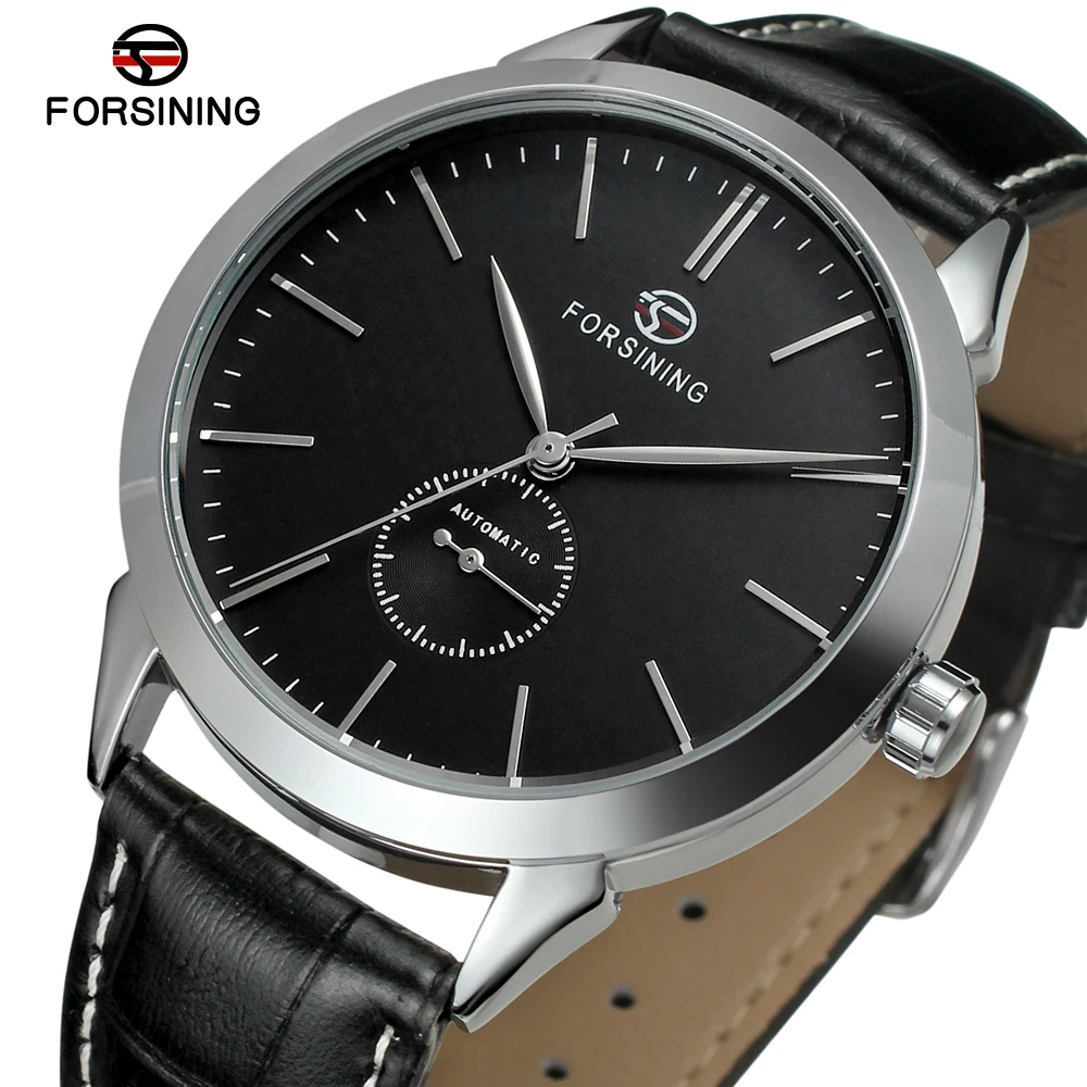 

Forsining Simple Men Mechanical Watch Automatic Sub Dial Black Ultra-thin Analog Genuine Leather Band Wristwatch Horloge Mannen