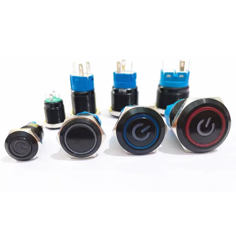 Black Push Button Switch 12/16/19/22mm Waterproof Illuminated Led Light Metal Flat Momentary Switches with Power Mark 5V 12V 24V - Image 2