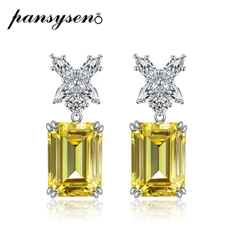 

PANSYSEN Top Quality 10x14MM Emerald Cut Citrine Diamond Drop Earrings for Women Solid Silver 925 Jewelry Wedding Gifts