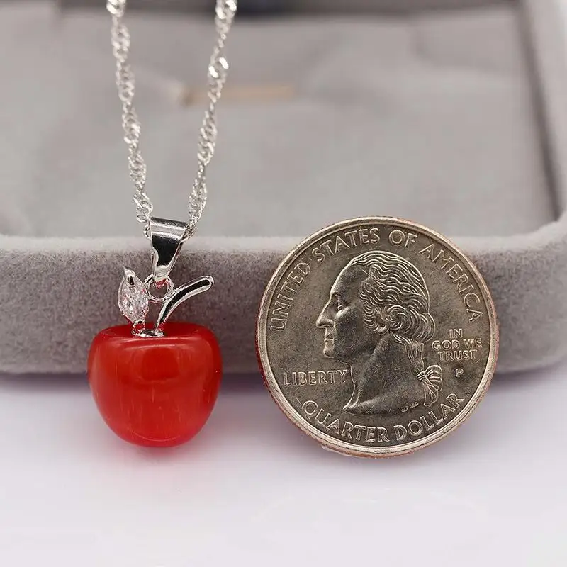 Красные украшения в форме яблок ожерелье из стерлингового серебра 925 пробы кулон и Комплект сережек для женщин и подростков подарки для девочек