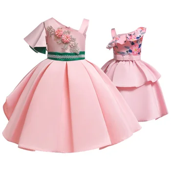 

Girls Summer One-shoulder Satin Dresses For Children Princess Wedding Birthday Party Frocks Kids Baby Girl Glossy elegant dress