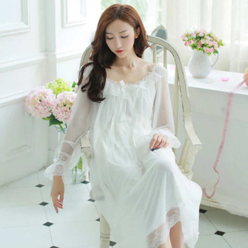 Nightclothes Womens Soft Long Nightgowns Female Sweet Princess Sleeping Home Dress Lady Lace Sexy White Nightdress bathrobe