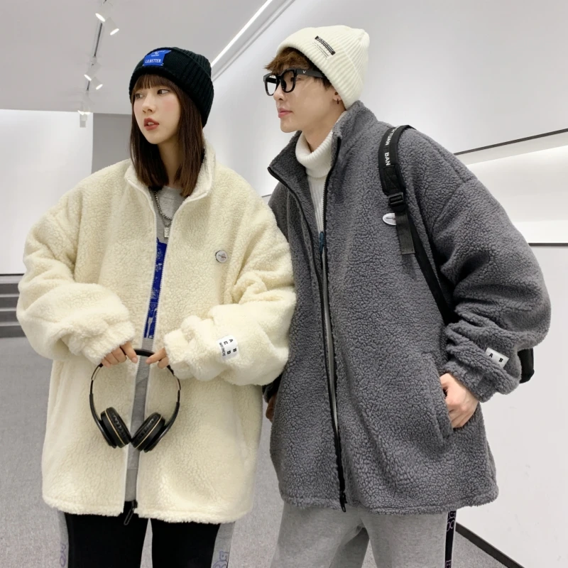 

Japanese Embroidery Lamb Wool Jacket Male Street Stand Outdoor Thermal Hiking Outerwear Winter Thick Polar Fleece Jacket Couple