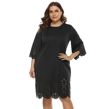 

Plus Size Dress Women Three Quarter Hollow Out Casual Solid Dress Elegant Fashion Female O Neck Clothes Dress for Women L-3XL