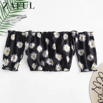 

ZAFUL Crop Top Daisy Print Off The Shoulder Top Sexy Half Sleeve Women Girls Holiday Short Tops Pullover Daily Streetwear 2019