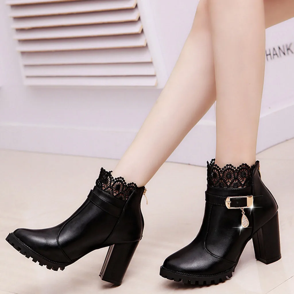 

New Fashion Party Boots Women Metal Decoration Solid Winter Boots Square Heel Pointed Toe Black Woman Shoes botas feminina 2019