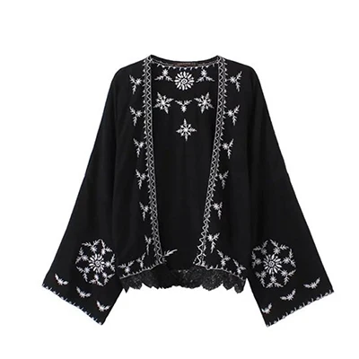 Black blouse Boho Цветочные рубашки с вышивкой куртка Женская этническая винтажная Этническая кимоно кардиган пальто длинный рукав свободные тонкие Блузы Топы - Цвет: Black blouse