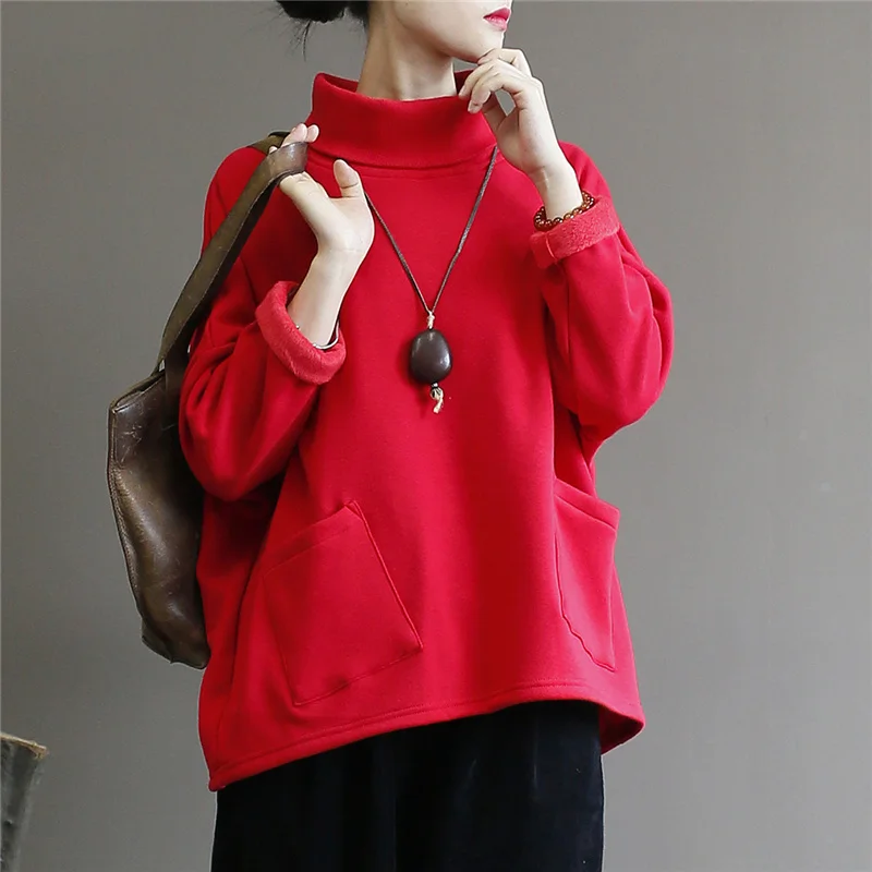 QPFJQD Ladies Turtleneck Pullover Sweatshirt Spring Autumn Long Sleeve Cotton Women Clothes Warm Winter Casual Pocket Sweatshirt