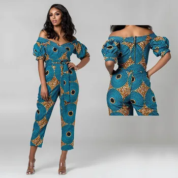 

Summer Short Puff Sleeve Jumpsuit for African Women Dress Dashiki Ankara Boho Print Elastic Long Pants Sexy Shoulder Off Outfits