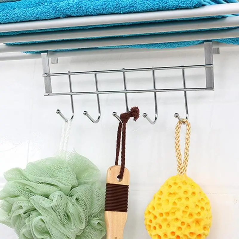 Stainless Steel Door Hanger Rack 5 Hooks Clothes Nail-free Hanging Holder Organizer Kitchen Bathroom Storage Products