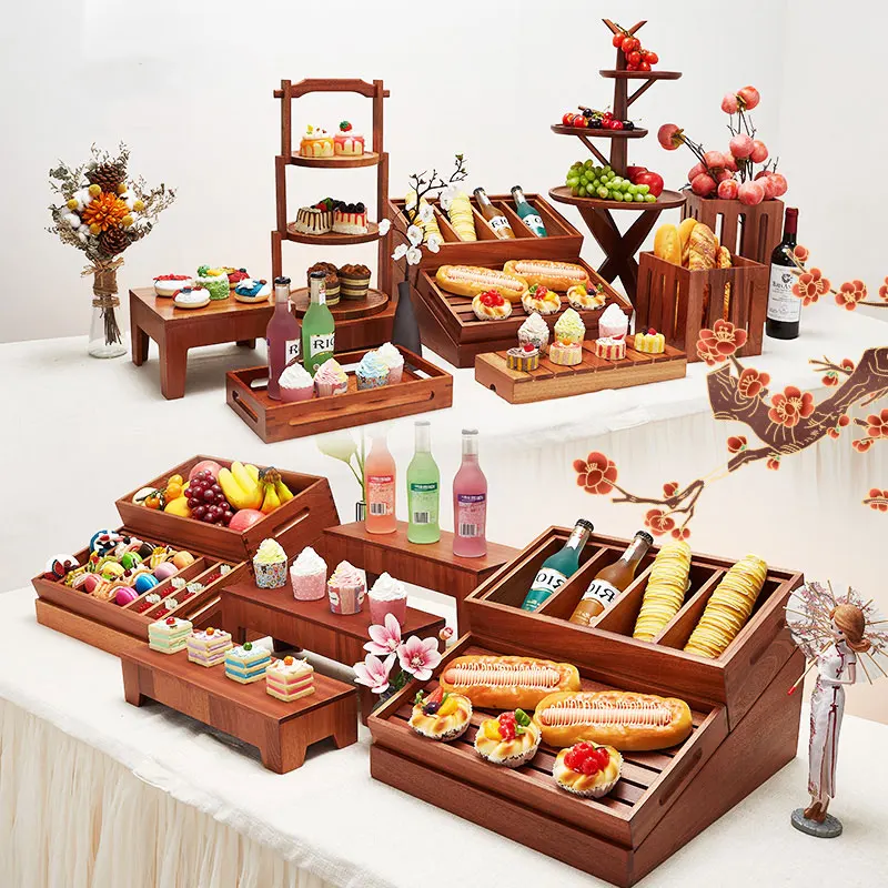 Bread Storage Box Dessert Cake Display Stand Wooden Banquet Buffet