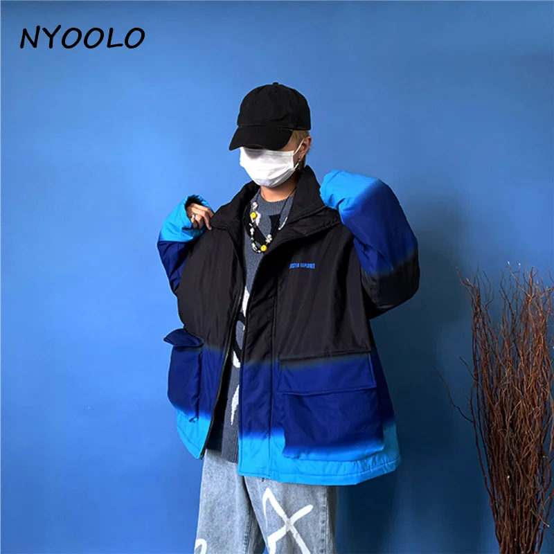 NYOOLO, Harajuku, уличная, с большими карманами, лицо дьявола, градиент, утолщенное, теплое пальто, Осень-зима, свободная куртка на молнии, для женщин, мужчин, верхняя одежда