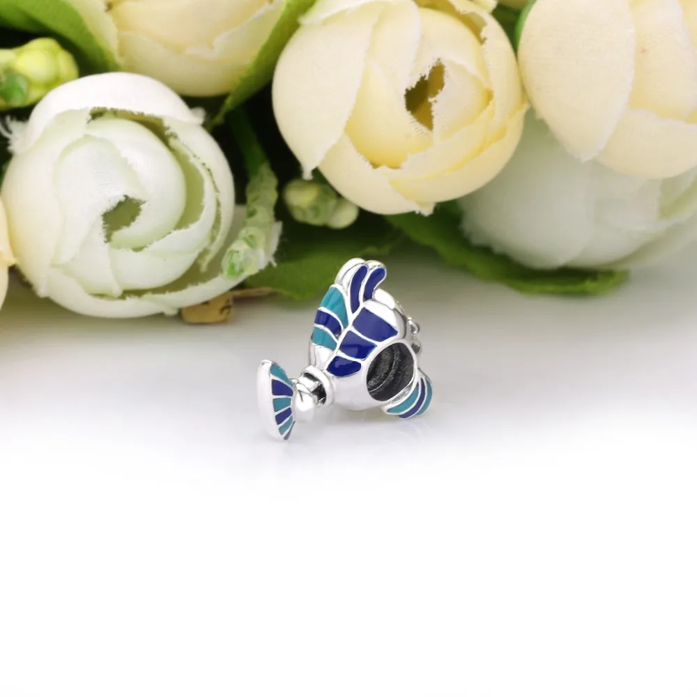 Moonmory Christmas Gift 925 Sterling Silver Little Mermaid Flounder Charm For DIY Bracelet Blue Enamel Charm For Jewelry Marking