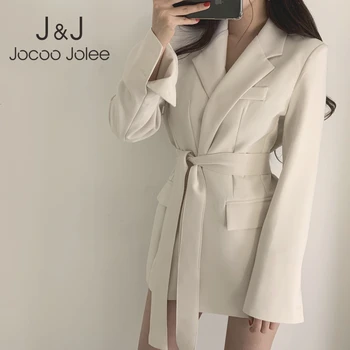 

Jocoo Jolee Office Ladies Lace up Notched Formal Outwear Women Winter Elegant Mid-long Jackets Casual Harajuku White Black Tops