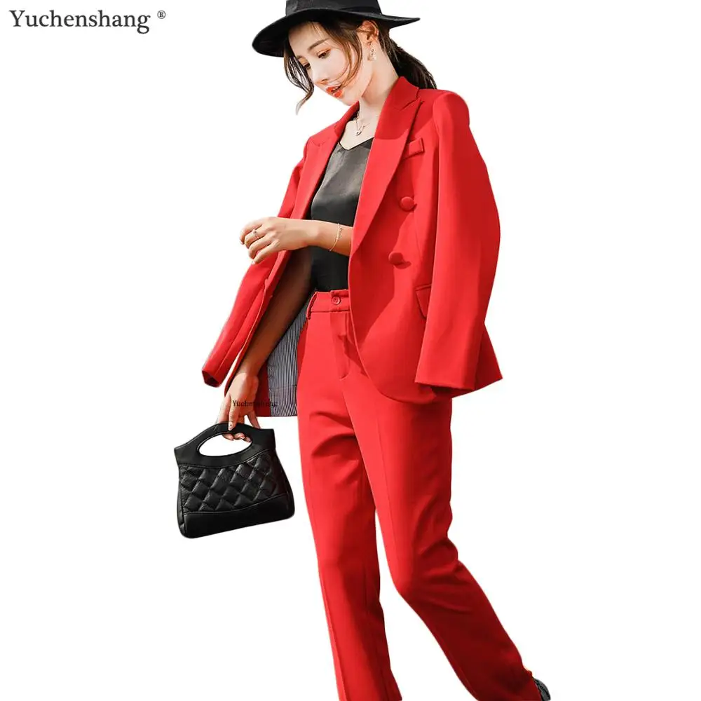 

2 Pieces Set Women Pant Suit Fashion Casual Blazer Jackets and Ankle length slim Pant Sets Red Black Apricot Green