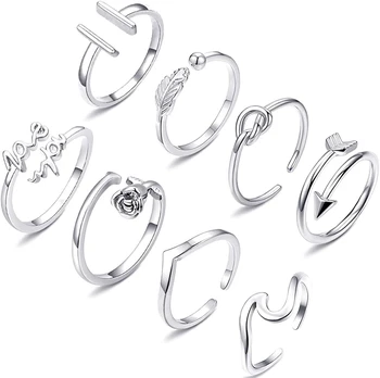 

8pcs Adjustable Rings for Women Chevron Arrow Rose Wave Ring Simple Open Rings Set Stackable Thumb Ring Jewelry