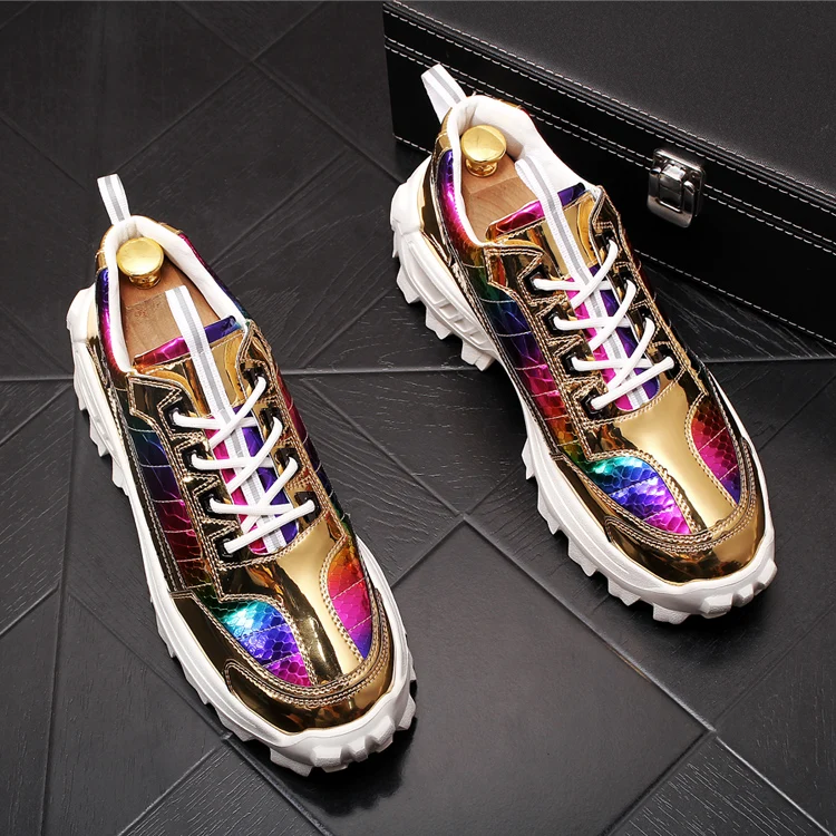 New Men Fashion Casual Shoes Autumn Bling Patent Leather Thick Bottom Sneakers Male Youth Trending Shoes for web celebrity