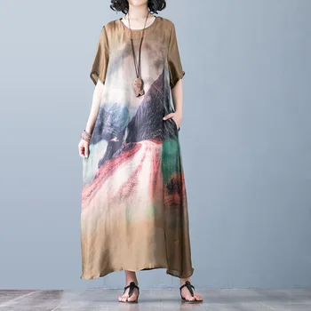 

Women's 2020 Summer Fashion Literary Print Silk Maxi Dress High Quality Elegant Casual Loose Two-piece Dress Oversize