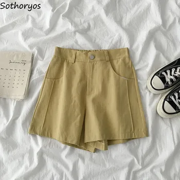 

Shorts Women High-waist Button Solid Loose Wide-leg Summer Korean Style Elastic-waist Pockets New Elegant Simple All-match Chic