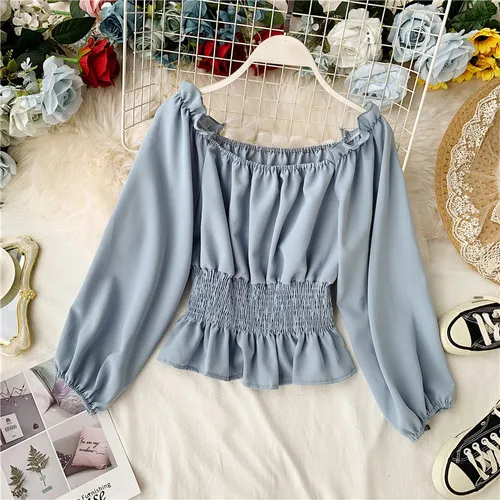 light blue Neploe/Сексуальная Блузка без бретелек с вырезом на плечах, тонкая талия, Короткие блузы, Mujer, Облегающая рубашка с длинными рукавами, осень 46678 - Цвет: light blue