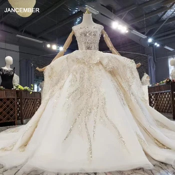 شراءHTL1618 الشمبانيا الرصاص الغزل الفاخرة للغاية مع الأحجار الكريمة الترتر فستان الزفاف 2020 حمالة مع أكمام Gelinlik