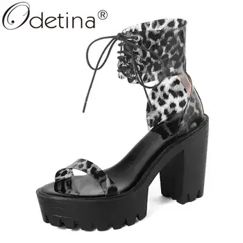 

Odetina Women Retro Platform Block Extreme High Heel D'orsay Pumps Peep Toe Ball Ankle Strap Cross-tied Leopard New Party Pumps