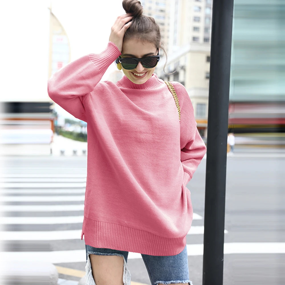 

Winter Turtleneck Sweater Fashion Women Solid Color Long Sleeve Side Split Knitted Pullovers and Sweaters Casual Loose Jumpers