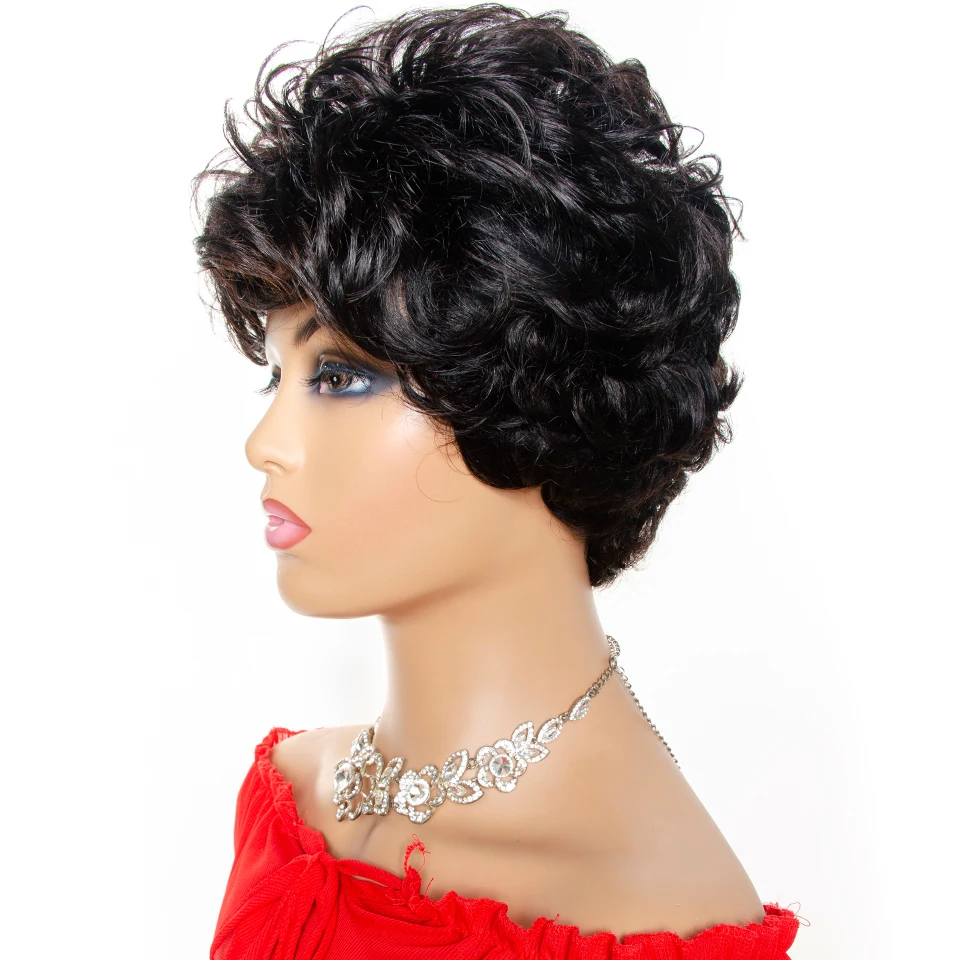 Short Human Hair Wigs Pixie Cut Wig With Bangs Brazilian Loose Curly Full Machine Made Wigs For Women Remy Hair 0051