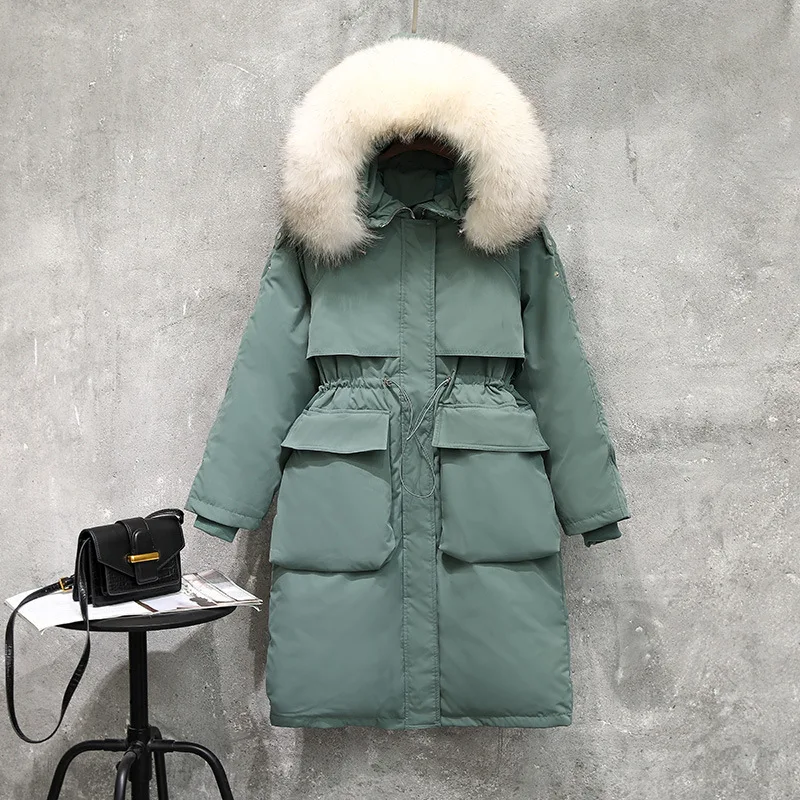 Зима, стиль, ультра большой пуховик с меховым воротником, женское длинное толстое модное пальто выше колена в Корейском стиле