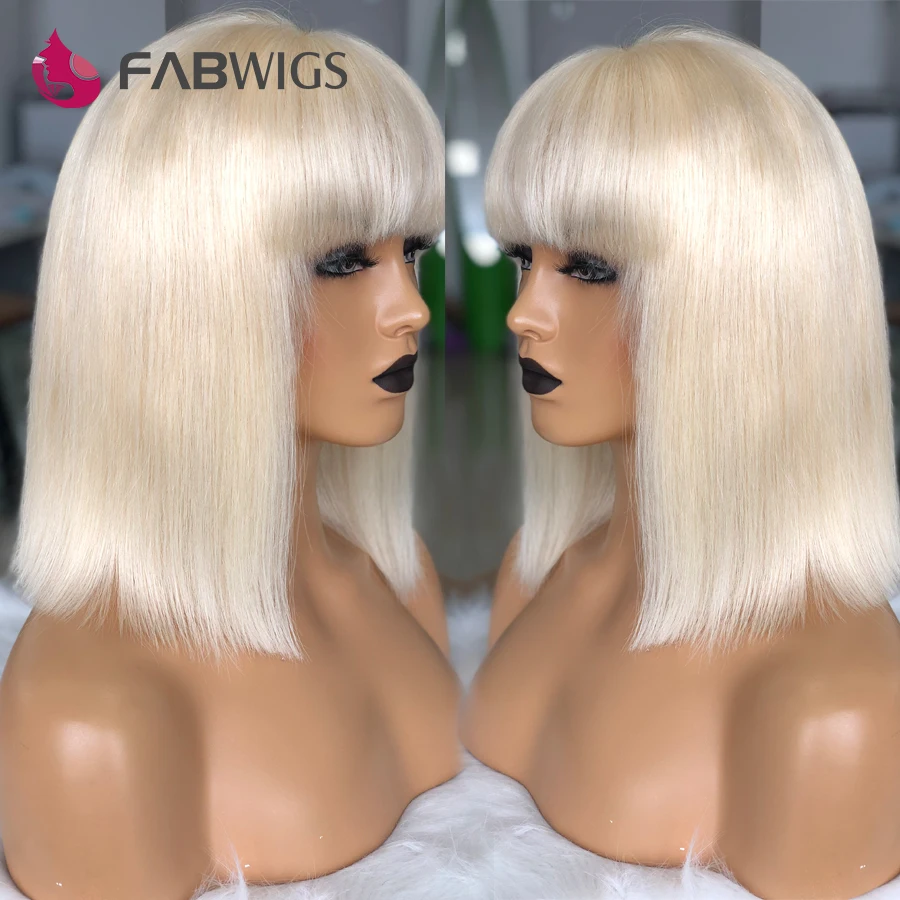 Fabwigs#613 блондинка Синтетические волосы на кружеве парики с челкой 180% короткий Боб 13x4 Синтетические волосы на кружеве человеческих волос парики 13X4 прозрачные кружевные парики из человеческих волос