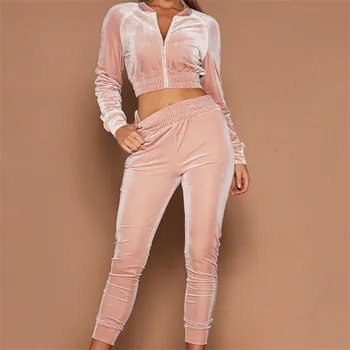 

2019 Women Autumn Clothing Sets New Pure Color Long Sleeves Zipper Short Tops Elasic High Waist Pants Tracksuit Female 2PCS Suit