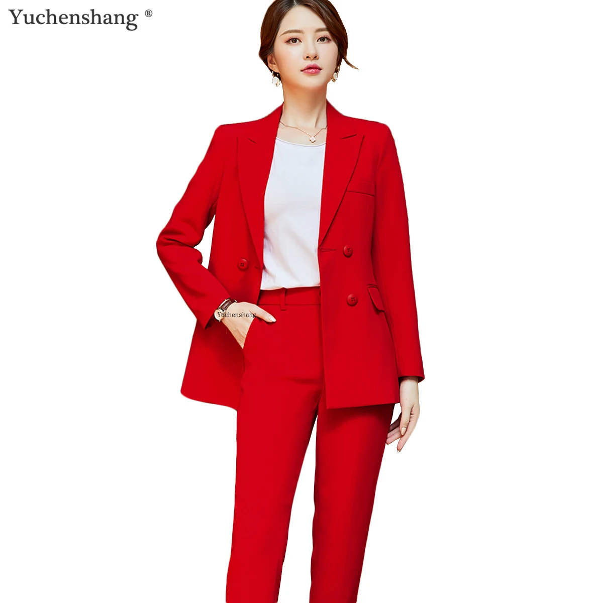 

Women Two Pieces Sets Solid Red Elegant Double Breasted Turn-down Collar Blazers And Trousers