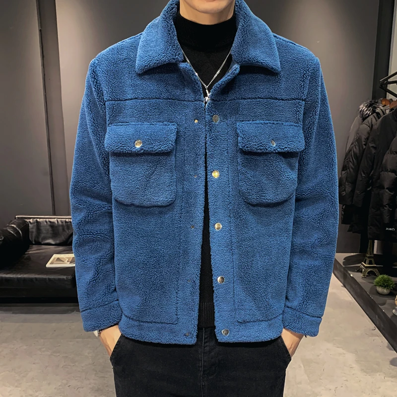 Высококачественная зимняя мужская куртка, модное пальто из меха ягненка, Мужская универсальная однотонная куртка с передним карманом и отложным воротником, мужские повседневные куртки 3XL - Цвет: Синий