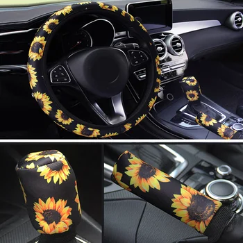 

2020 Hot Sale 3PCS Car Steering Wheel + Handbrake + Gearshift Cover Sunflower Print Universal Brand New And High Quality