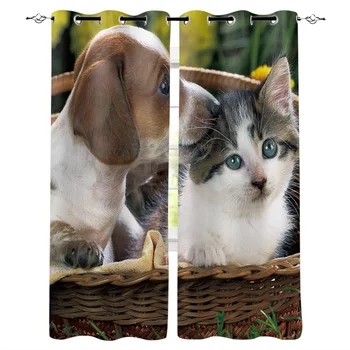 

Cat And Dog Basket Window Curtains Living Room Kitchen Curtains for Bedroom Left and Right Biparting Open Curtains