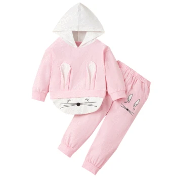 

Children's Set Girls Clothes Solid Rabbit Pink Hooded Long Sleeve Top and Pants Kids Autumn Outfit Children Girls Clothes
