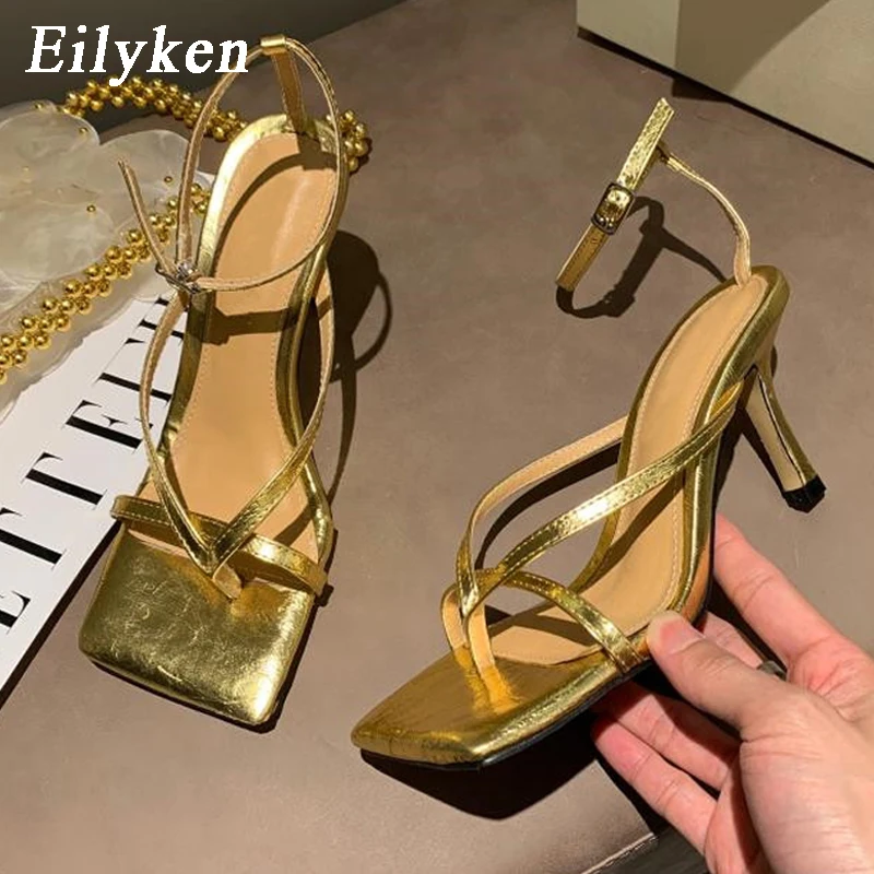 Women High Heels Ankle Buckle Sandals Narrow Band Gladiator Women Sandals Thin High Heels Shoes Elegant Square Toe Ankle Buckle Strap Party Pumps