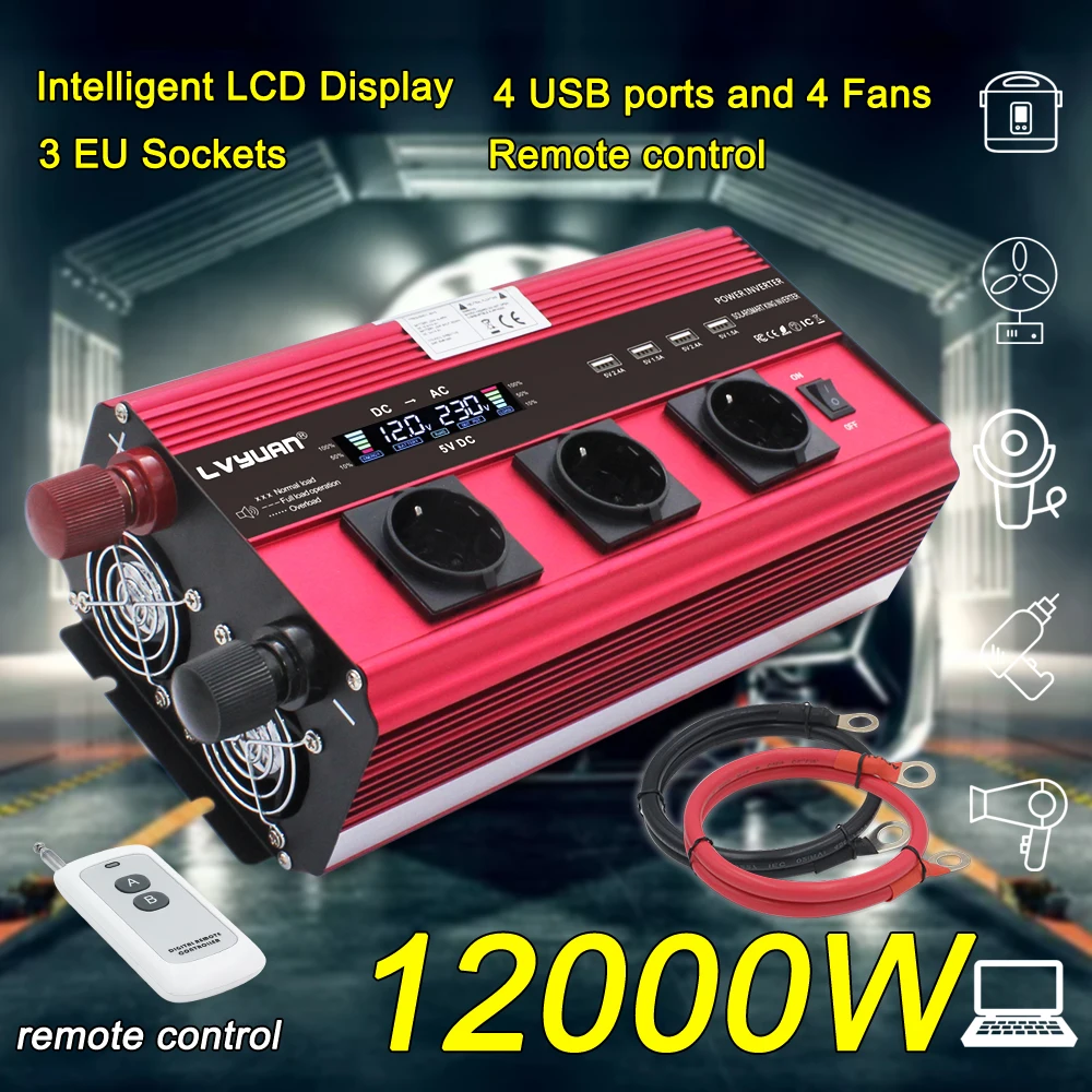 12000W Inverter 12V 220V Inverter Per Auto 3 Prese Eu Lcd Grande Potenza Inverter Soler Power Inverter Car Ac 220V Convertitore Inverter
